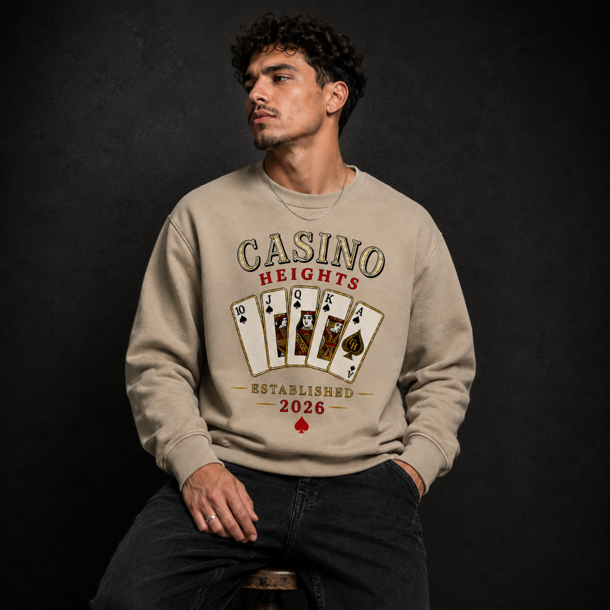 Casino Heights Royal Flush Crewneck Sweatshirt – latte